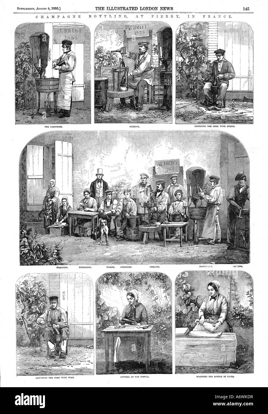 Champagne Bottling 1855 series of engravings showing the process of bottling champagne at Pierry in France Stock Photo