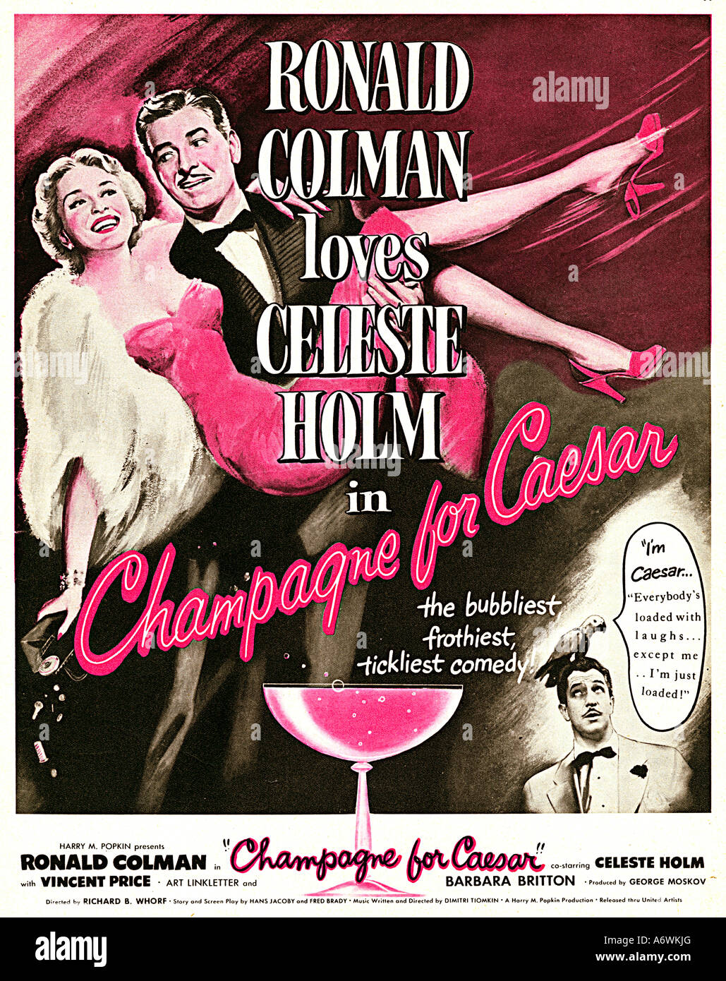 Champagne For Caesar A magazine advert for the comedy movie starring Ronald Coleman and a parrot Stock Photo