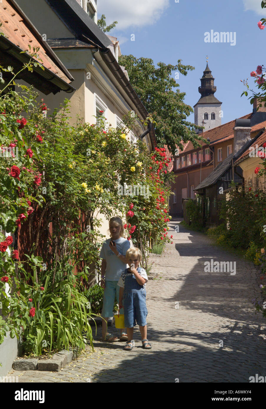 Cobbled lane and Houses Visby Gotland Sweden Stock Photo