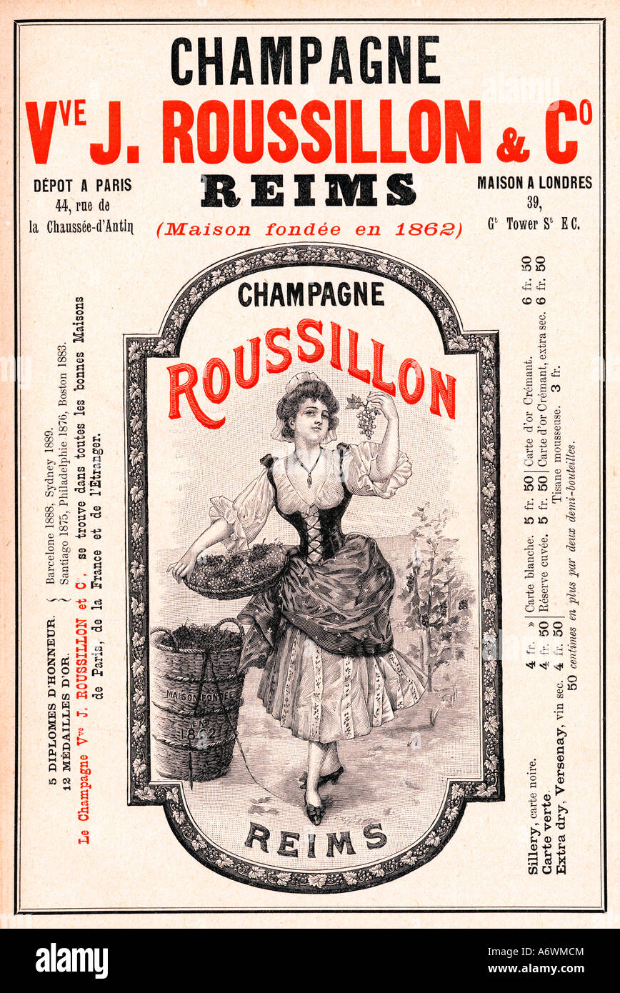 Champagne Roussillon 1901 French advert for the Reims house with an engraving of a demure vineyard grape picker Stock Photo