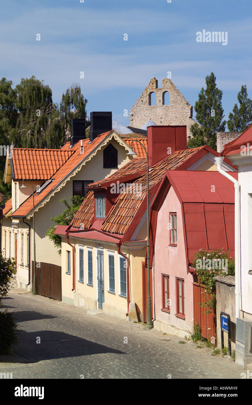 Cobbled lane and Houses Visby Gotland Sweden Stock Photo