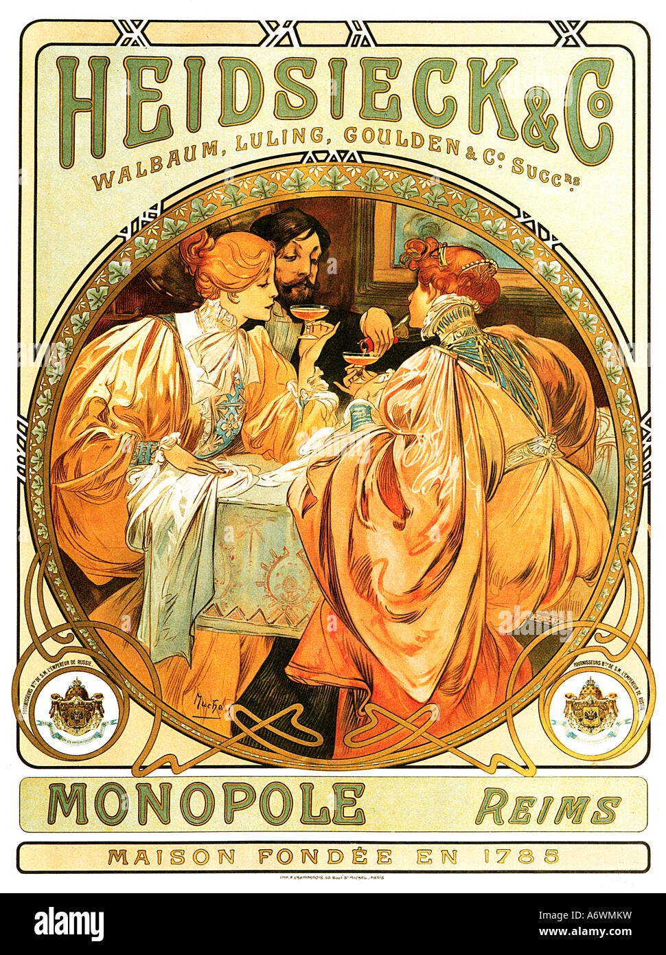 Heidsieck Champagne 1901 poster by the Art Nouveau graphics master Mucha and supplier to the Russian Emperor Stock Photo