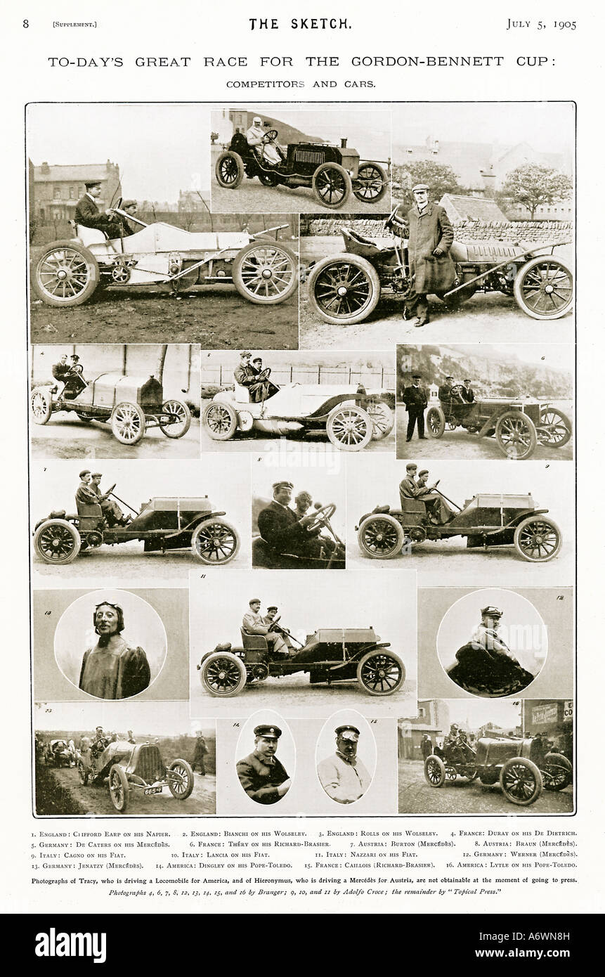 Gordon Bennett Cup 1905 Magazine spread of the competitors and cars including CS Rolls driving a Wolseley Stock Photo