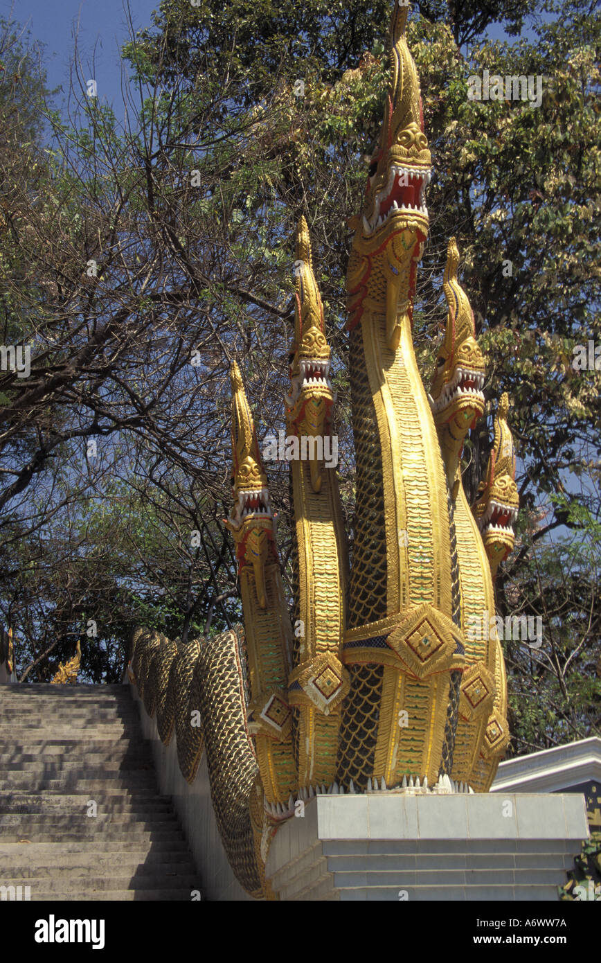 Dragon Hand Rails Thailand, Chiang Mai. 5 headed dragon hand rail along stairway at Wat ...