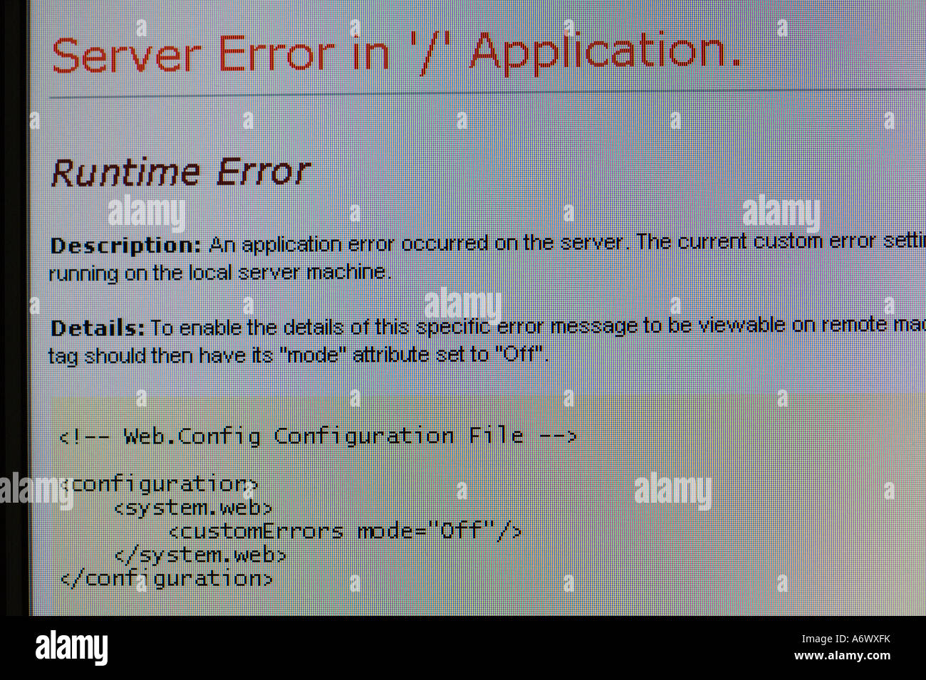 ‘’Server error in ‘/’ Application. Runtime Error’’, message in computer screen. Stock Photo