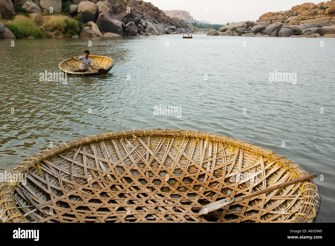 Coracle Ride Hampi Coracle on the Tungabhadra river in Hampi India Stock Photo - Alamy
