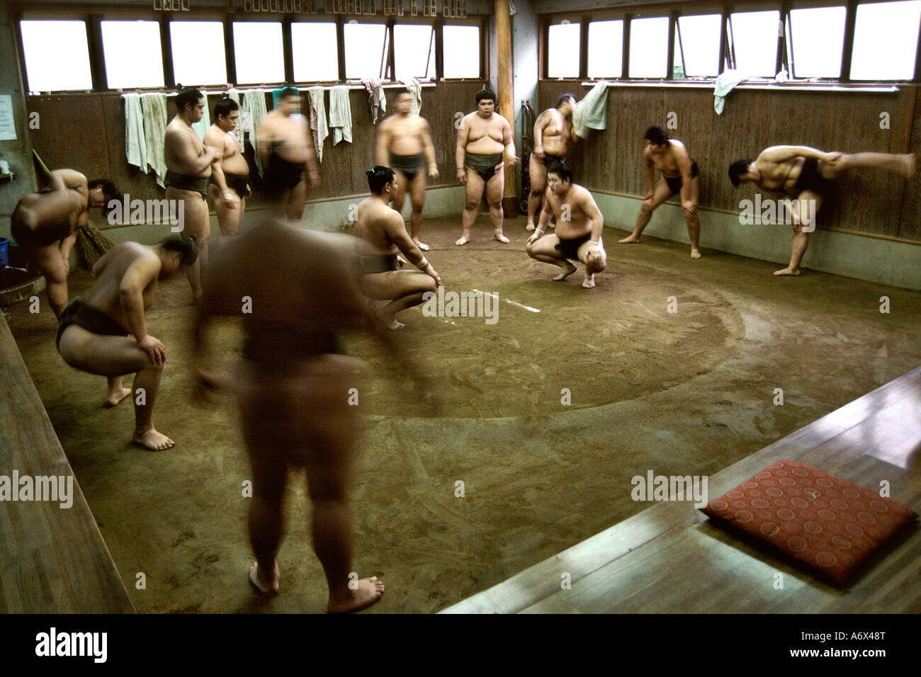 Sumo wrestlers training in a dojo in Tokyo Japan. Stock Photo