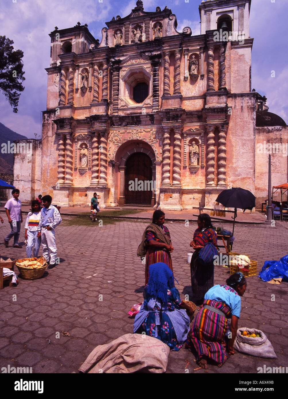 Guatemala Antigua Jocotenango church Indian women woman people Stock