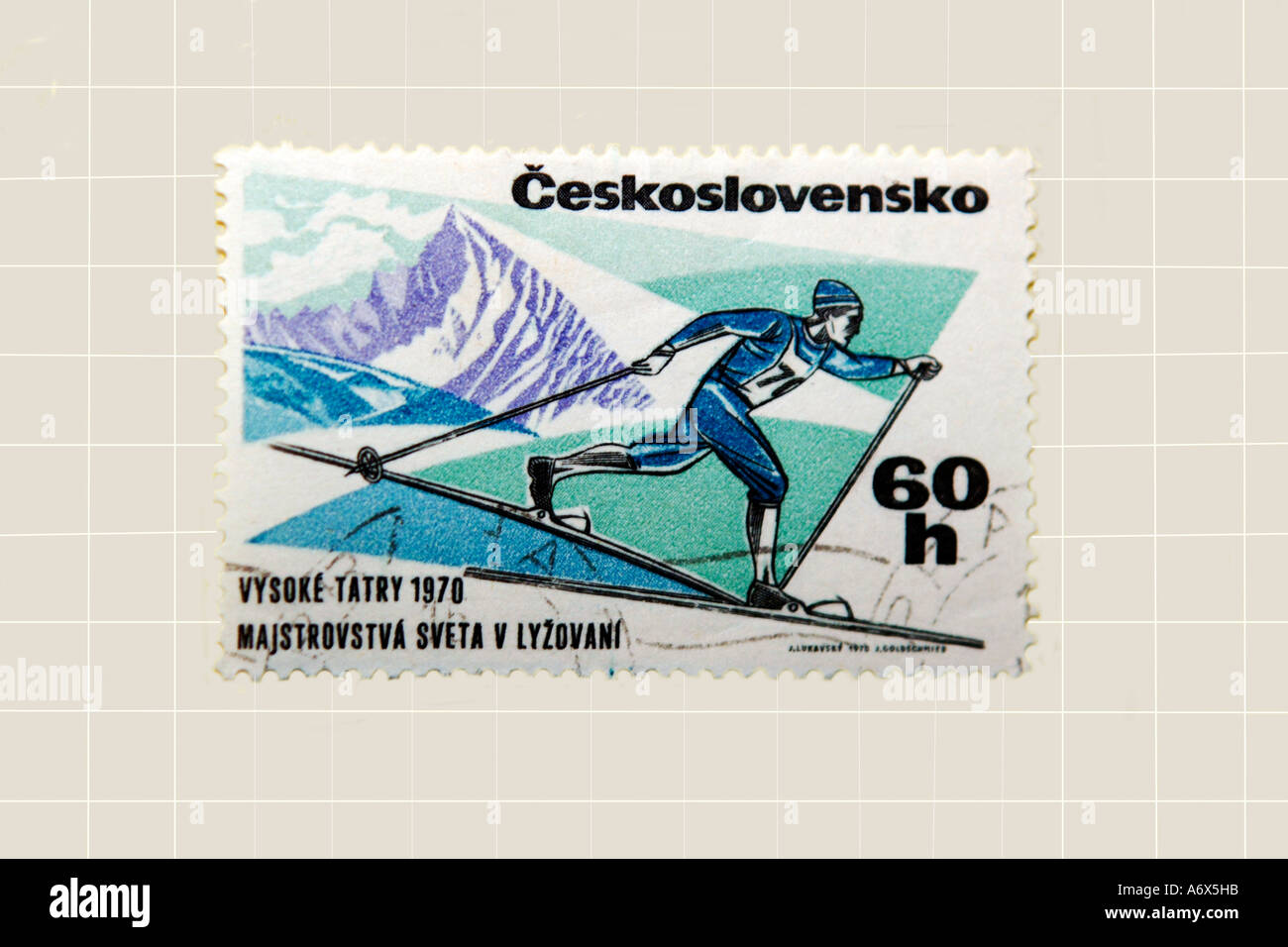 Czechoslovakia skiing stamp Stock Photo