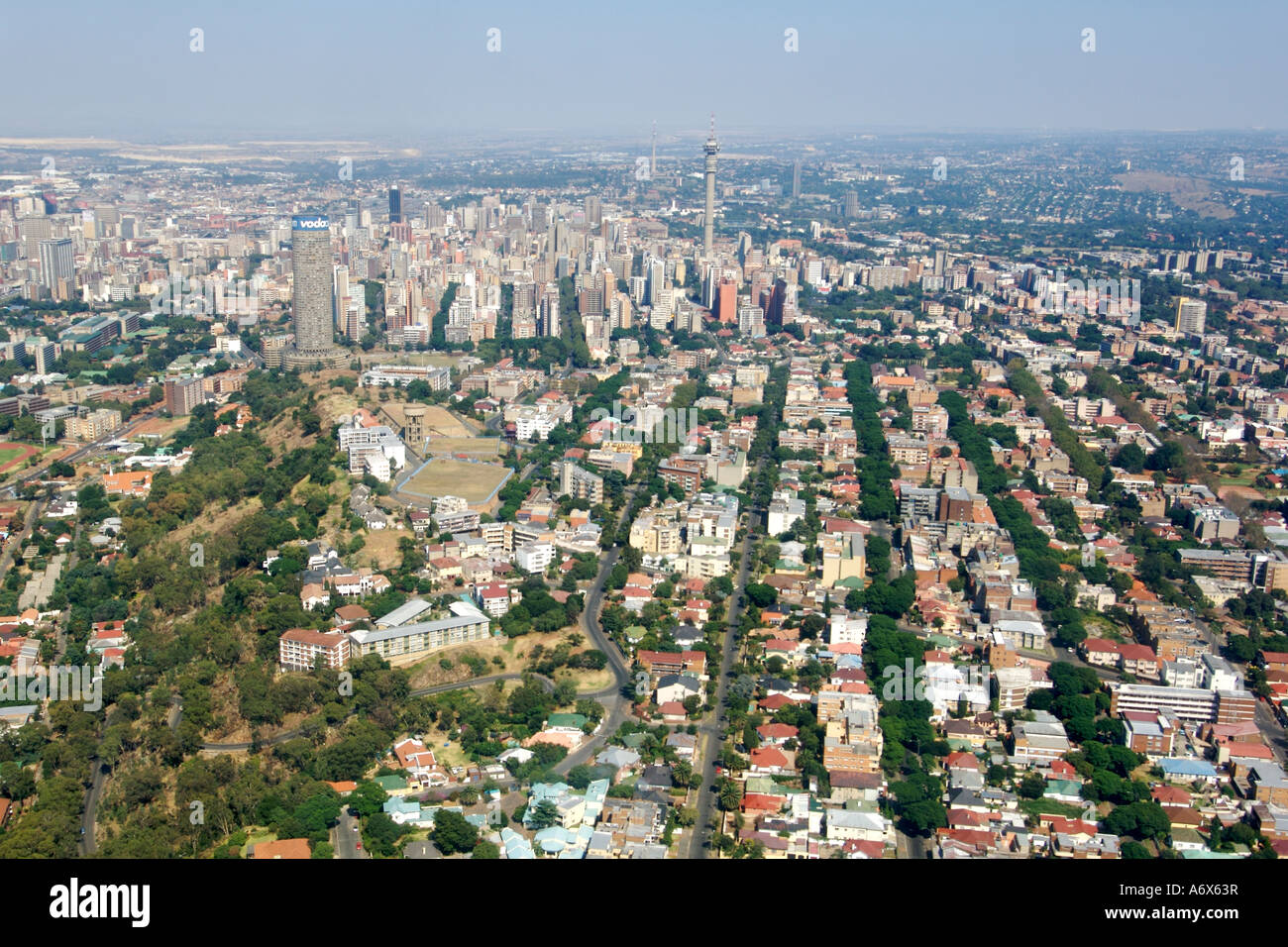 Aerial view of downtown Johannesburg and its eastern suburbs in South Africa. Stock Photo