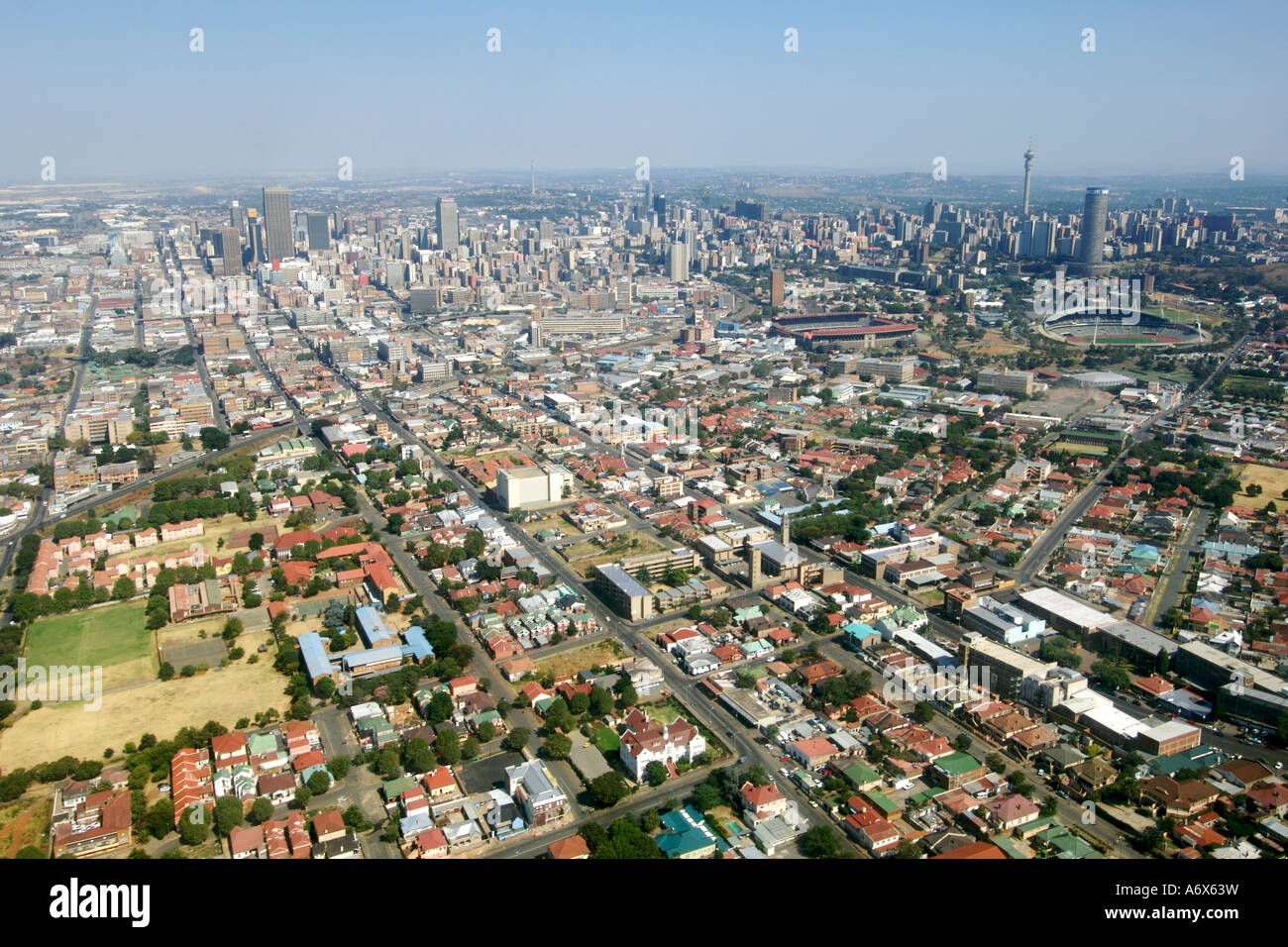 Aerial view of downtown Johannesburg and its eastern suburbs in South Africa. Stock Photo