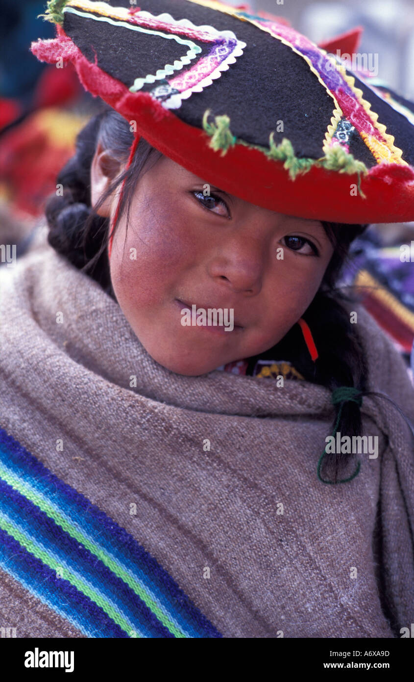 Young Quechua girl in distinctive tribal costume Near Chivay Colca Canyon Southern Peru South America Stock Photo