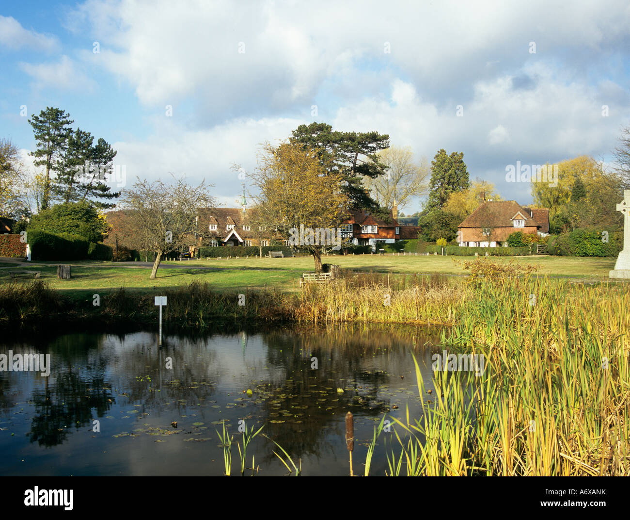 BUCKLAND SURREY UK Looking across the village pond towards some of the