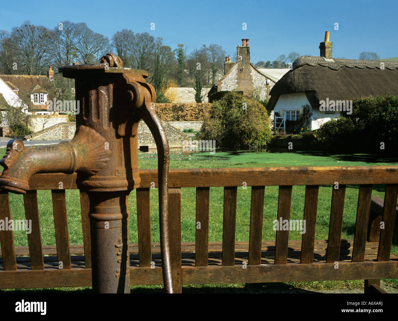 SINGLETON WEST SUSSEX UK March An old village pump in the green towards