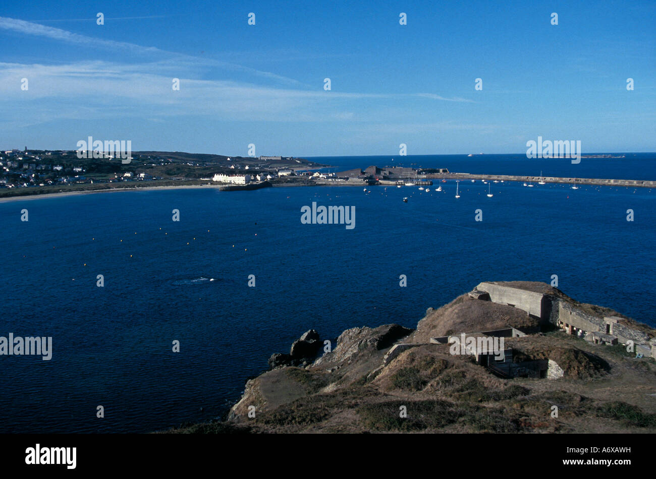 View of Braye Bay, Alderney from Fort Albert Stock Photo