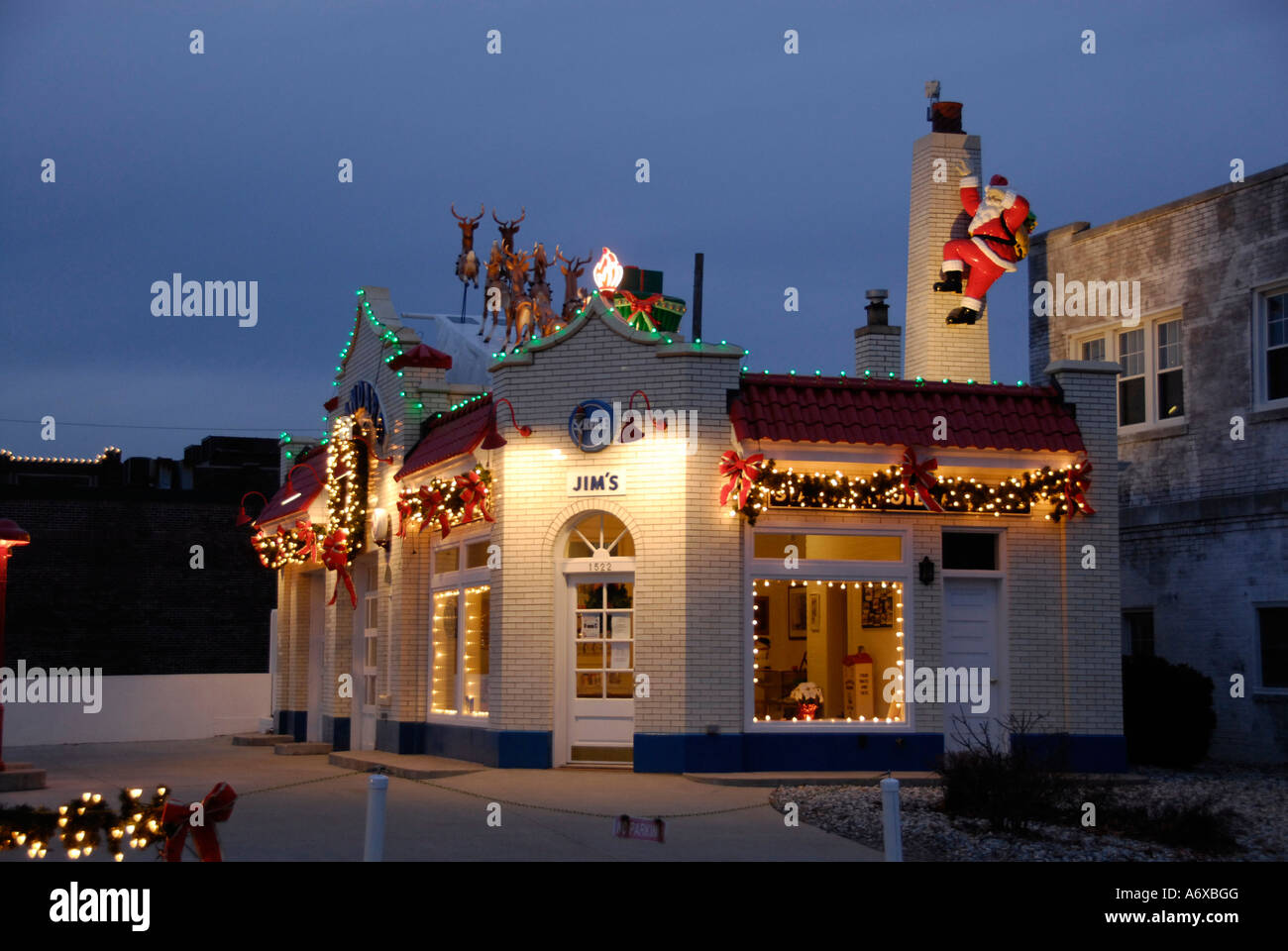 circa 1950 s Standard Gas Station decorated for the Christmas season 