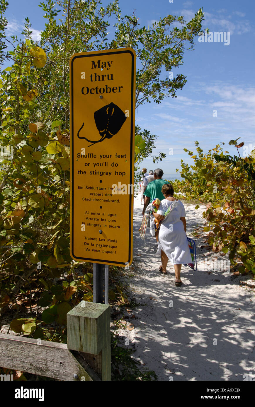 Stingray warning sign at Fort Meyers Beach Florida FL Stock Photo