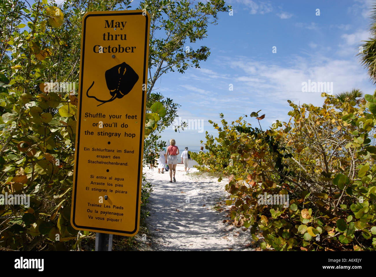 Stingray warning sign at Fort Meyers Beach Florida FL Stock Photo