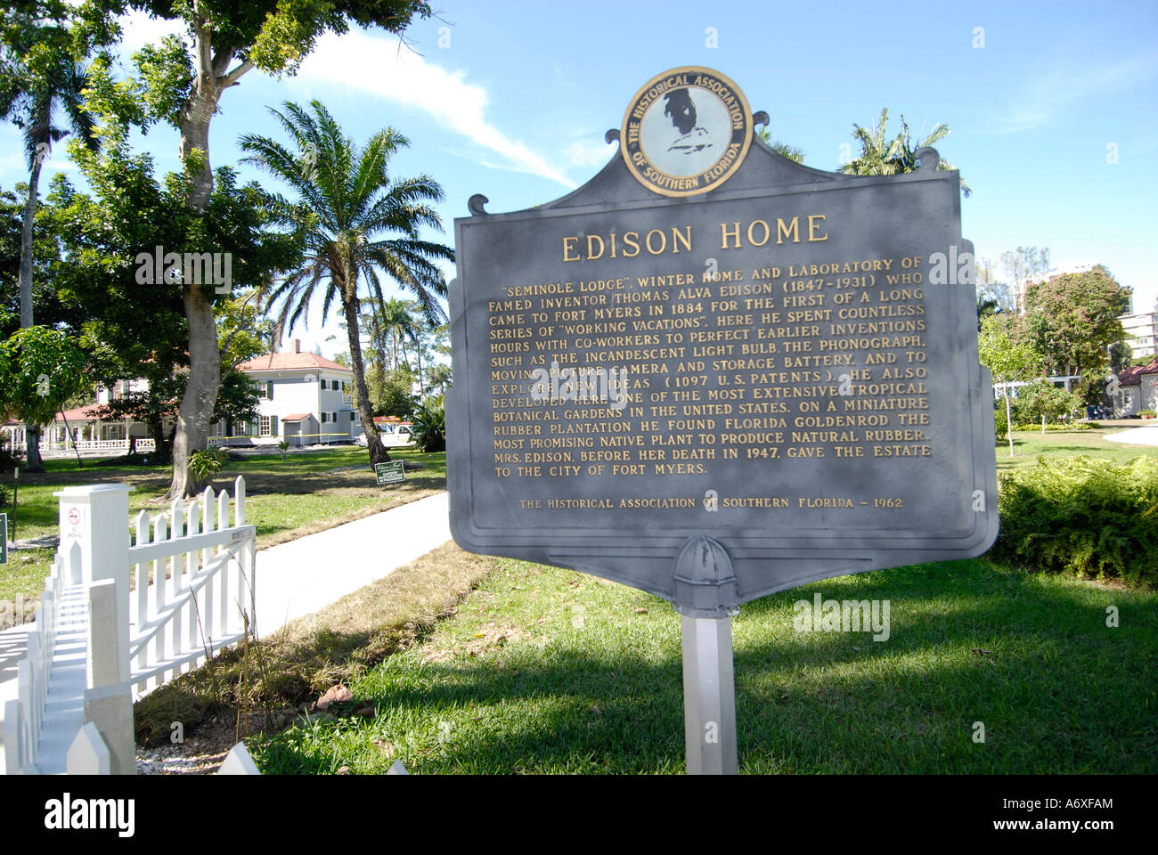 Southwest Ft Fort Meyers Myers Florida FL Edison and Ford Winter Estates 1885 Sign of Seminole Lodge Stock Photo