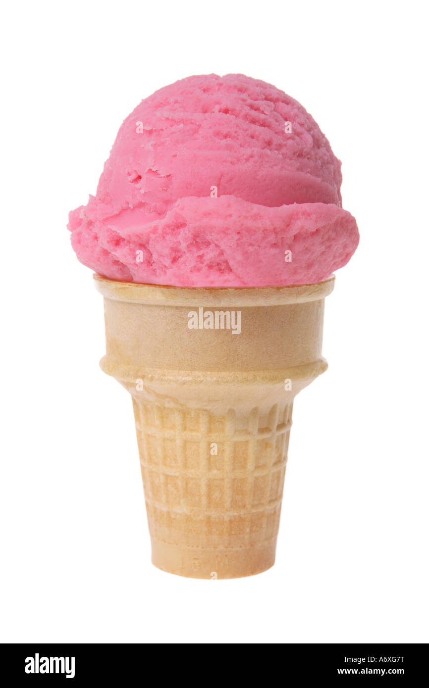 Pink strawberry and coconut ice cream scoops on plate stock photo