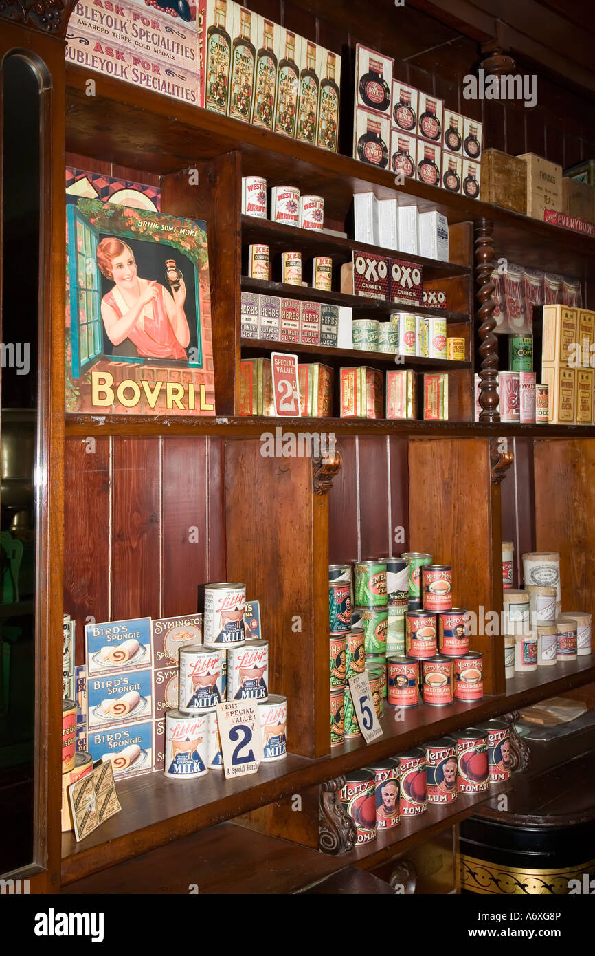 Display of 1920s food as sold in Gwalia village store St Fagans national history museum Wales UK Stock Photo