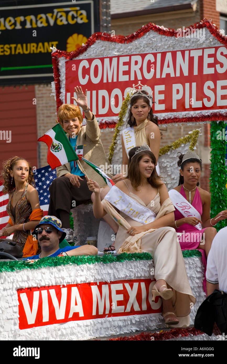 ILLINOIS Chicago Political candidate decorated float in Mexican Independence Day Parade in Pilsen neighborhood Stock Photo