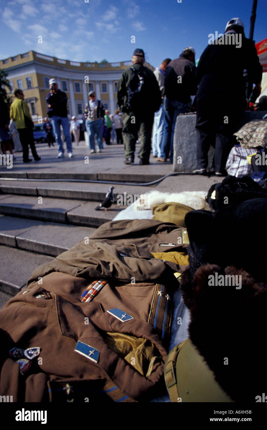 EU, Ukraine, Odessa, Potemkin Steps, Russian uniforms for sale atop the