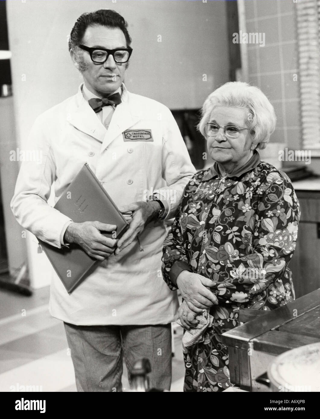 CROSSROADS UK TV series from 1964 to 1988 with David Lawton as Chef Bernard Booth and Ann George as Amy Turtle Stock Photo