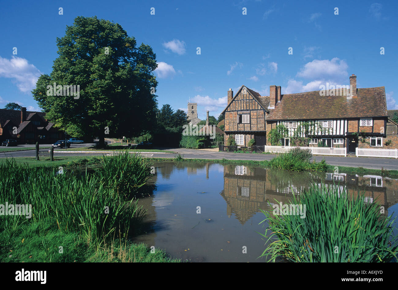Aldbury Hertfordshire Duck pond with The Manor House and the old village stocks Stock Photo