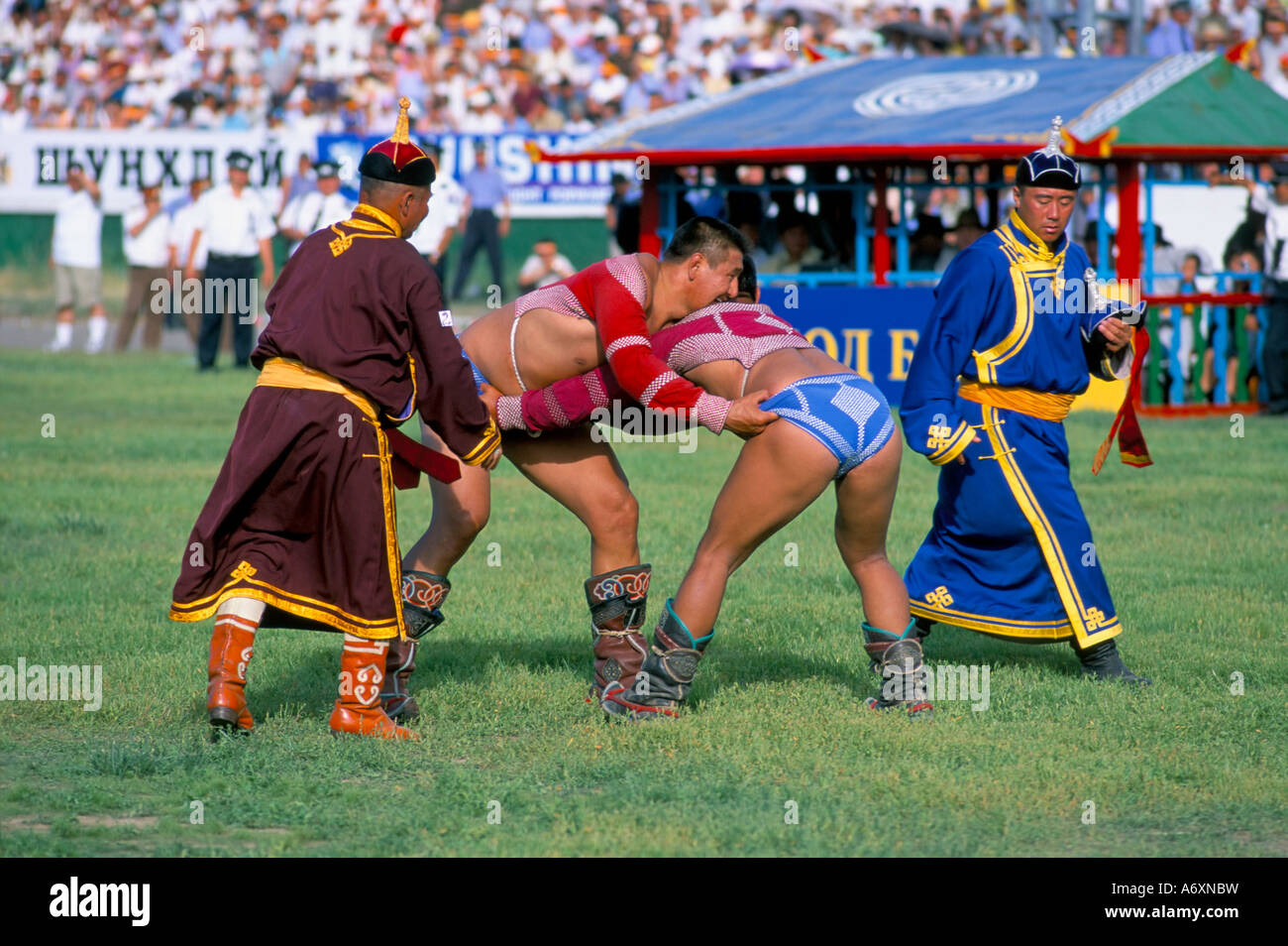Wrestling match Naadam festival Oulaan Bator Ulaan Baatar Mongolia Central Asia Asia Stock Photo