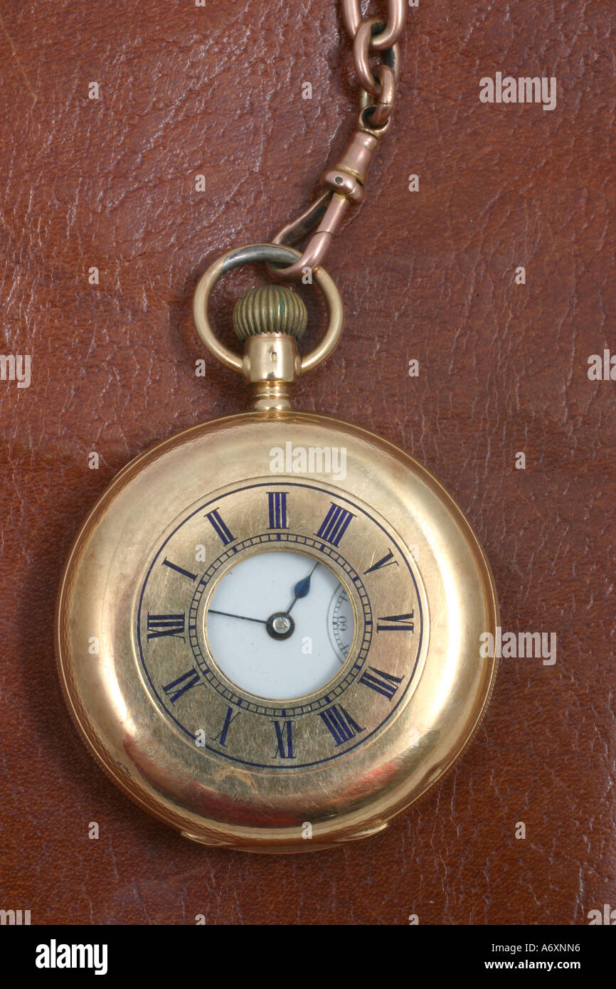 Gold watch on a leather wallet Stock Photo