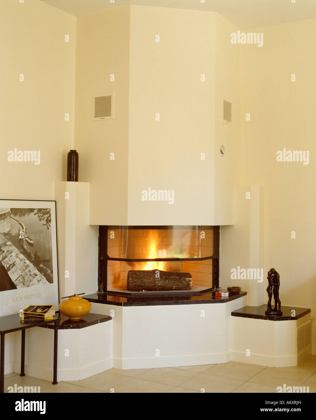 Modern White Fireplace With Glass Doors In Corner Of Sittingroom