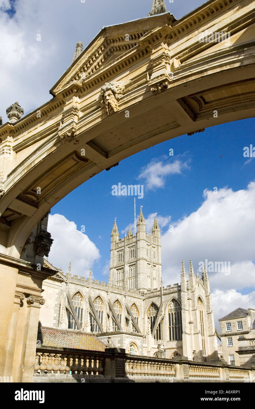 Archway at Roman Baths overlooking Bath Abbey Bath Avon Stock Photo