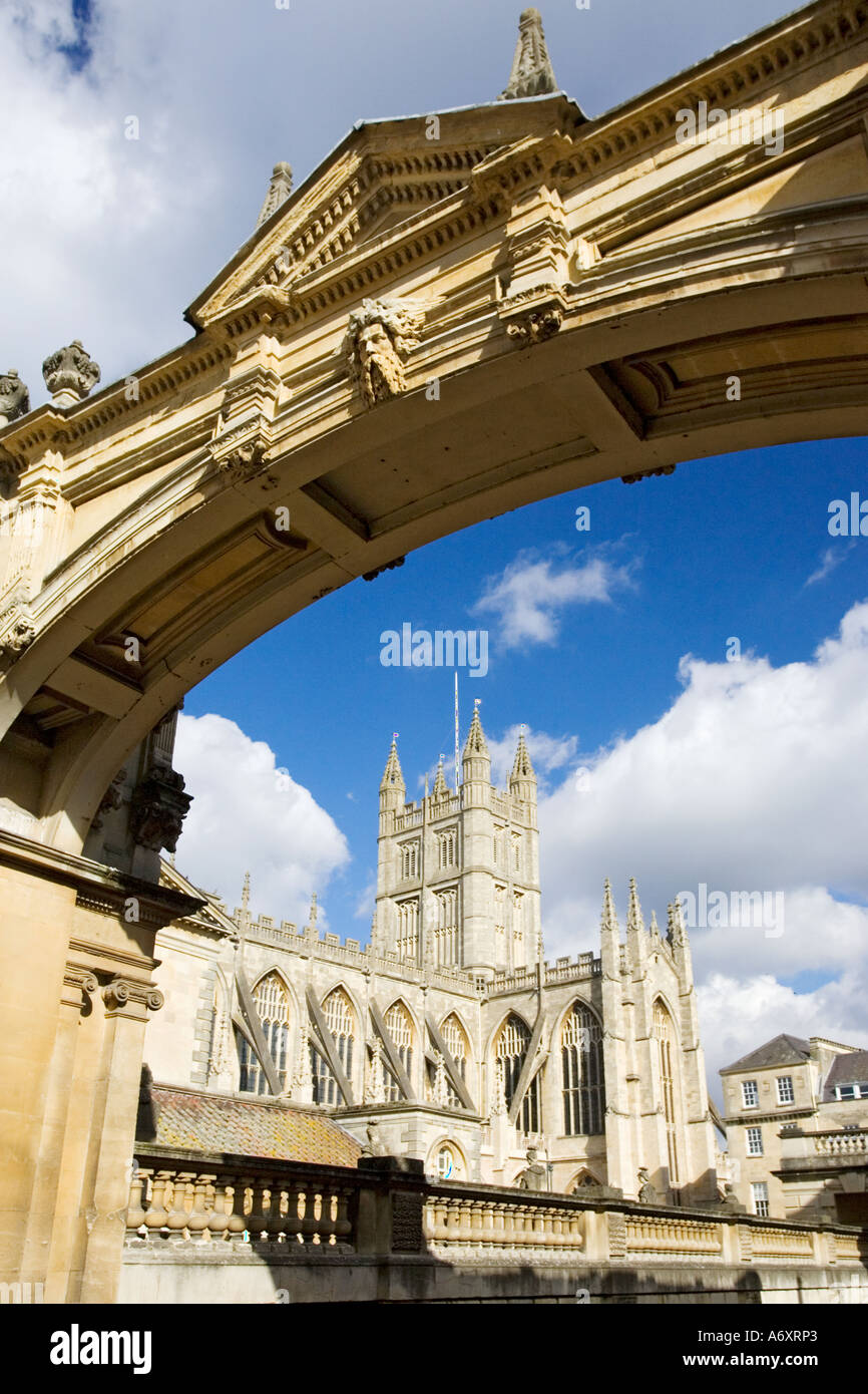 Archway at Roman Baths overlooking Bath Abbey Bath Avon Stock Photo