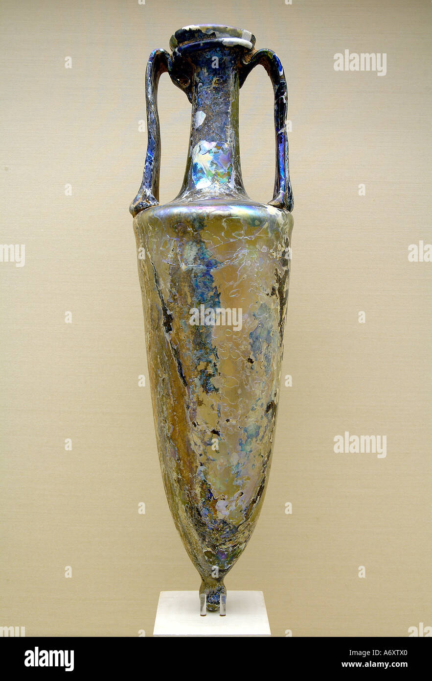 Ancient loutrophoros glass vessel displayed at Eretz Israel Museum a historical and archeological museum in the Ramat Aviv neighborhood of Tel Aviv Stock Photo