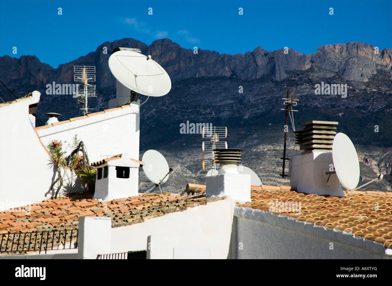 Satalite dishes on rooftops in Altea on Spain's Costa Blanca Stock Photo