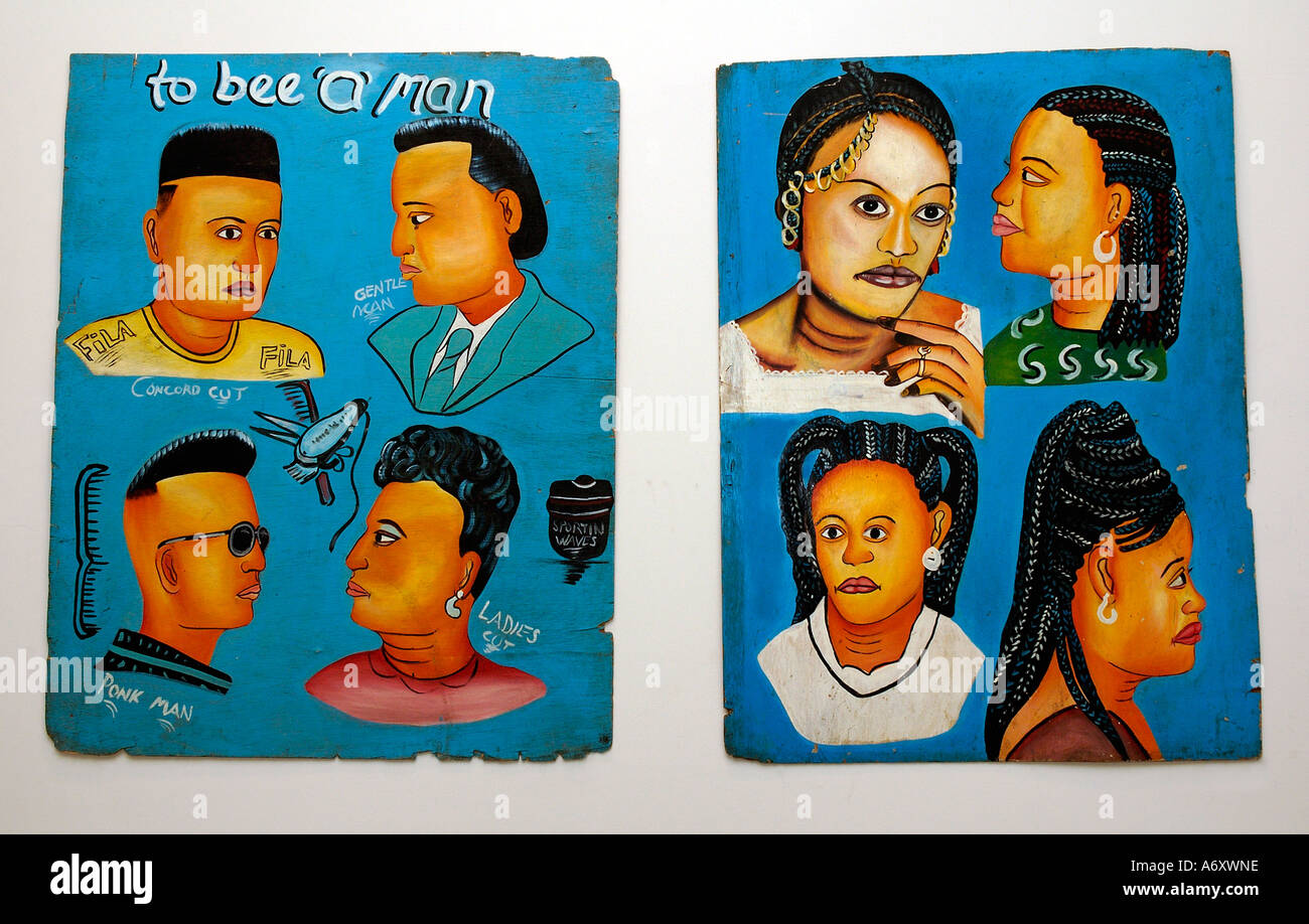 A painted signboard shows hairstyle proposals in a hairdressing salon. Republic of Mali Western Africa Stock Photo