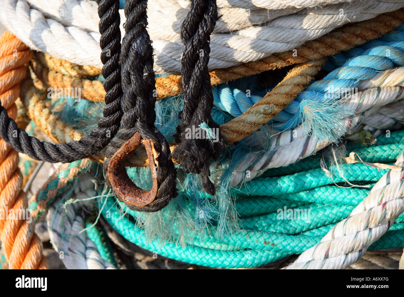 Fisherman Ropes Ropes stacked on boat hi-res stock photography and images - Alamy