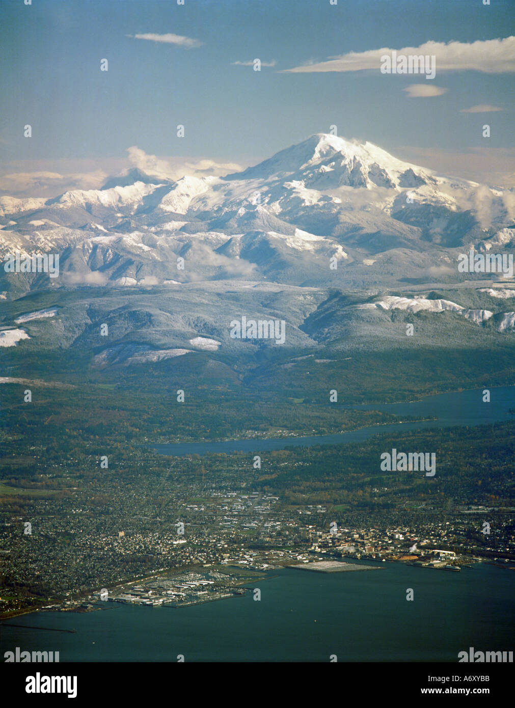 Bellingham Washington USA with Mount Baker and North Cascade Aerial view Stock Photo