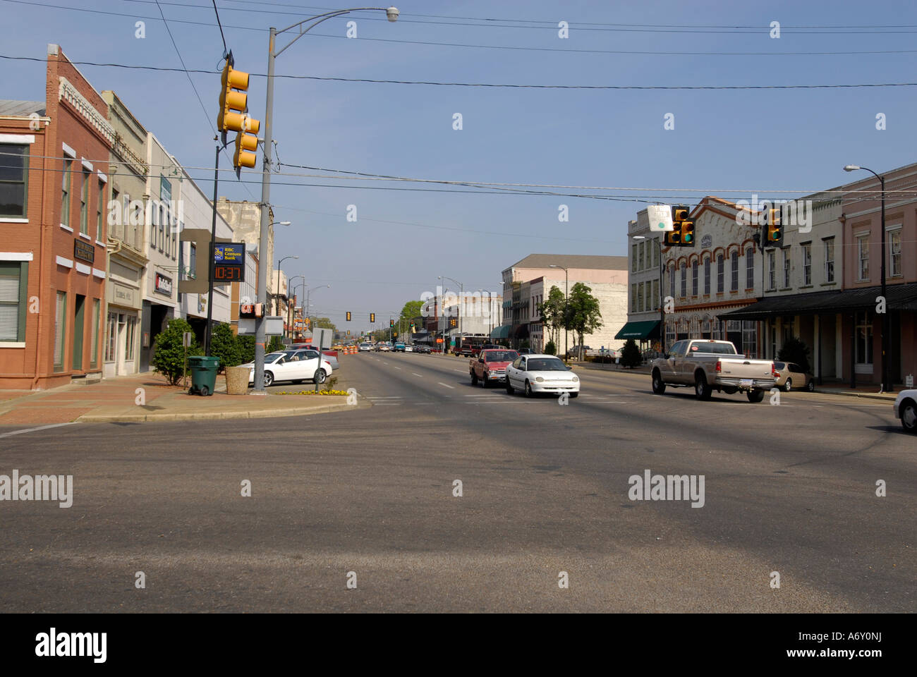 View of downtown street from Edmund Pettus Bridge in historic Selma