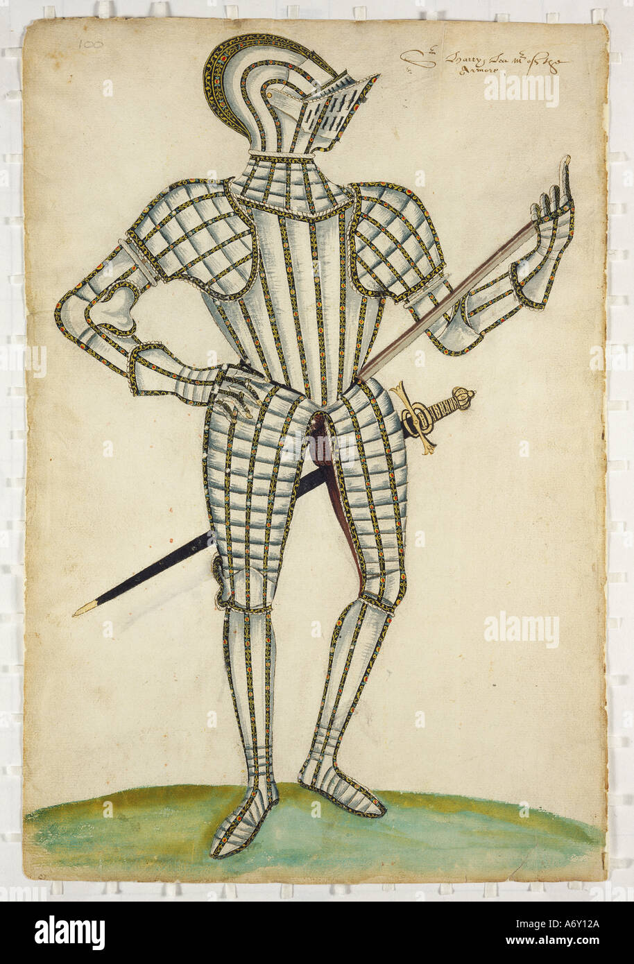 Suit of armour and details by Jacob Halder. England, late 16th - early 17th century. Stock Photo