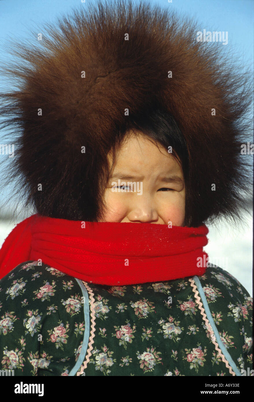 Alaskan Native Eskimo Girl in fur ruff Kotzebue W AK Kuspuk parka Stock