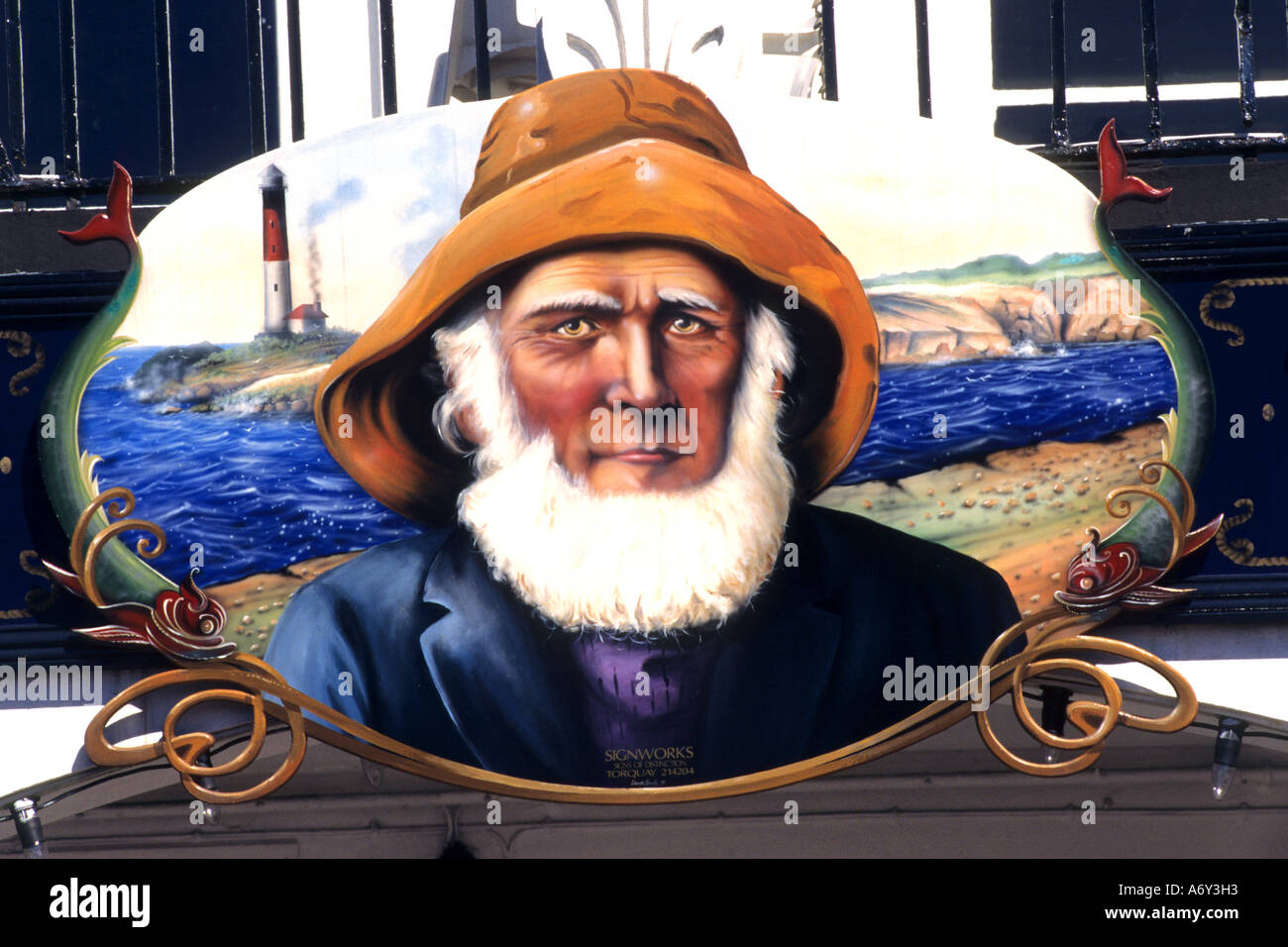 Painting old Sailer Man Torbay torquay Stock Photo