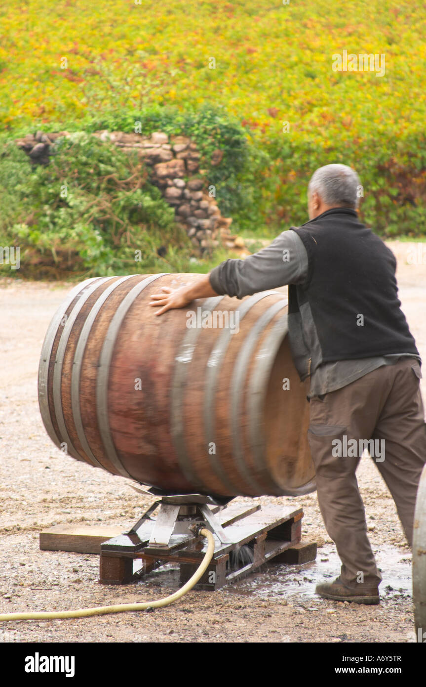 Domaine d'Aupilhac. Montpeyroux. Languedoc. Man cleaning empty barrels with hot water outside the cellar. France. Europe. Stock Photo