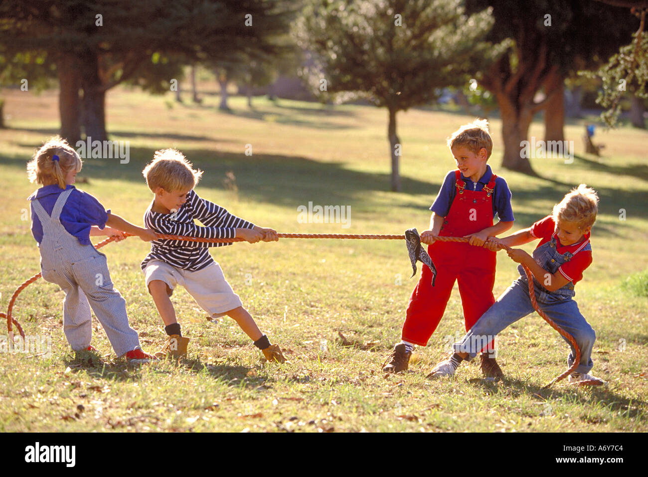 side view of cute little multiethnic children pulling rope in park Stock  Photo - Alamy