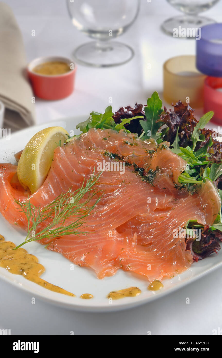 Salmon marinated with gravlax sauce Stock Photo Alamy