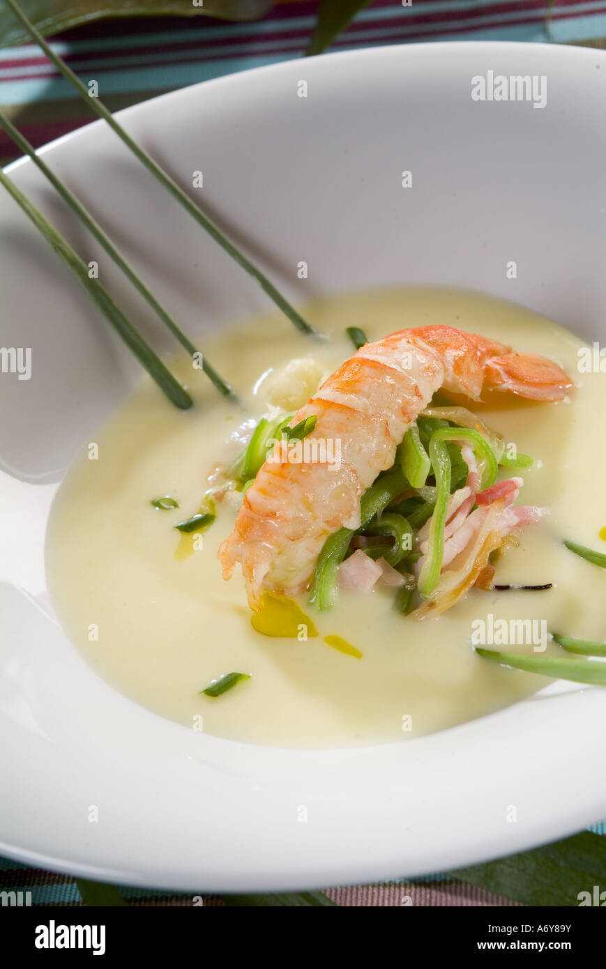 Cold leek soup with green beans bacon and baby crayfish Stock Photo Alamy