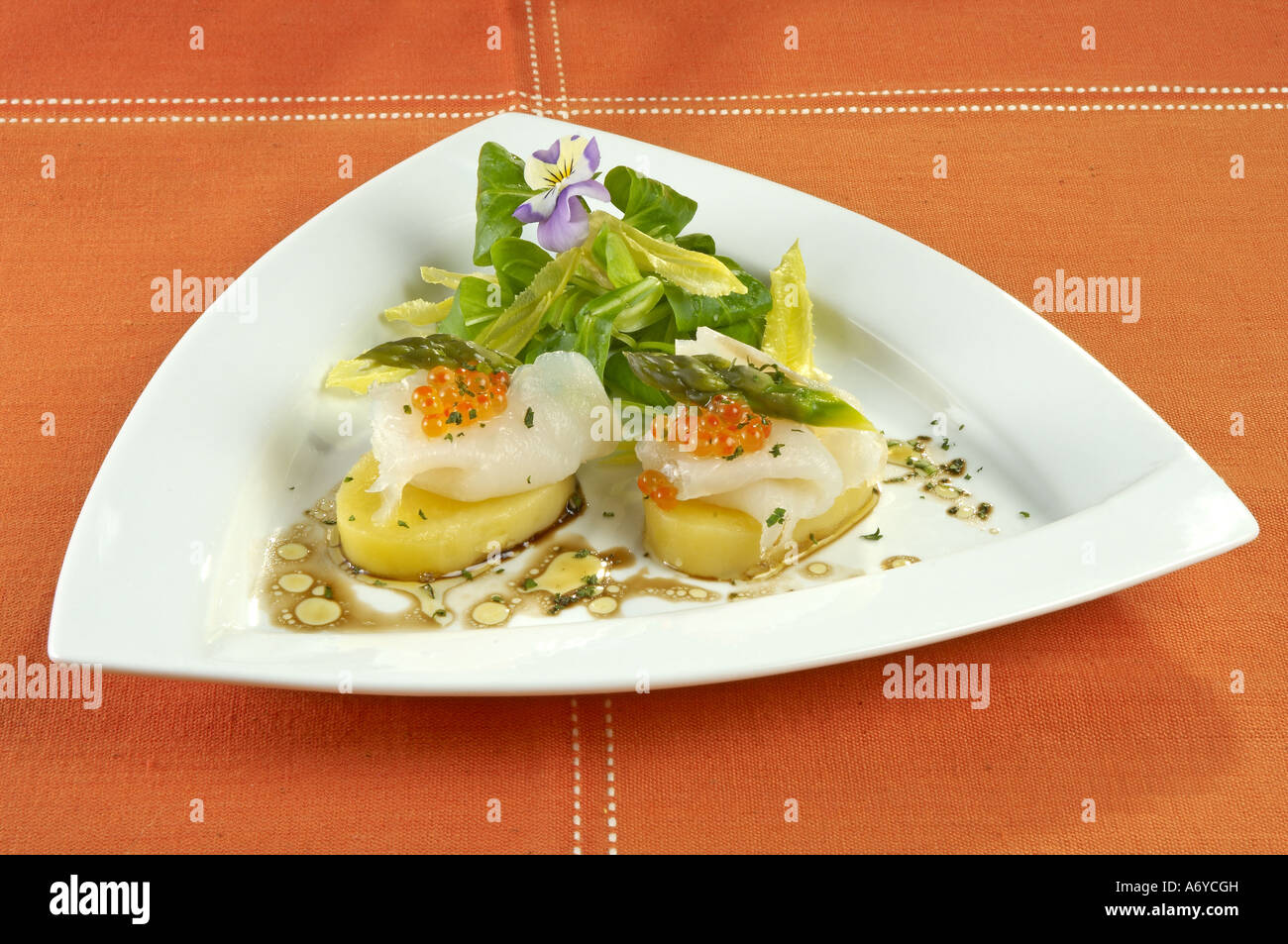 Smoked cod salad with potato and salmon roe Stock Photo - Alamy