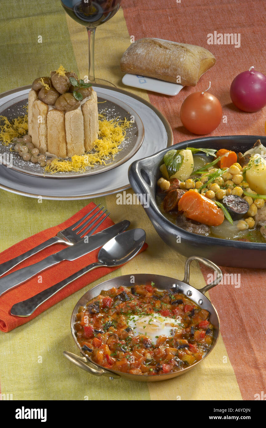 Menu of chickpea stew with beef egg casserole with vegetables and marron glacé charlotte Stock Photo