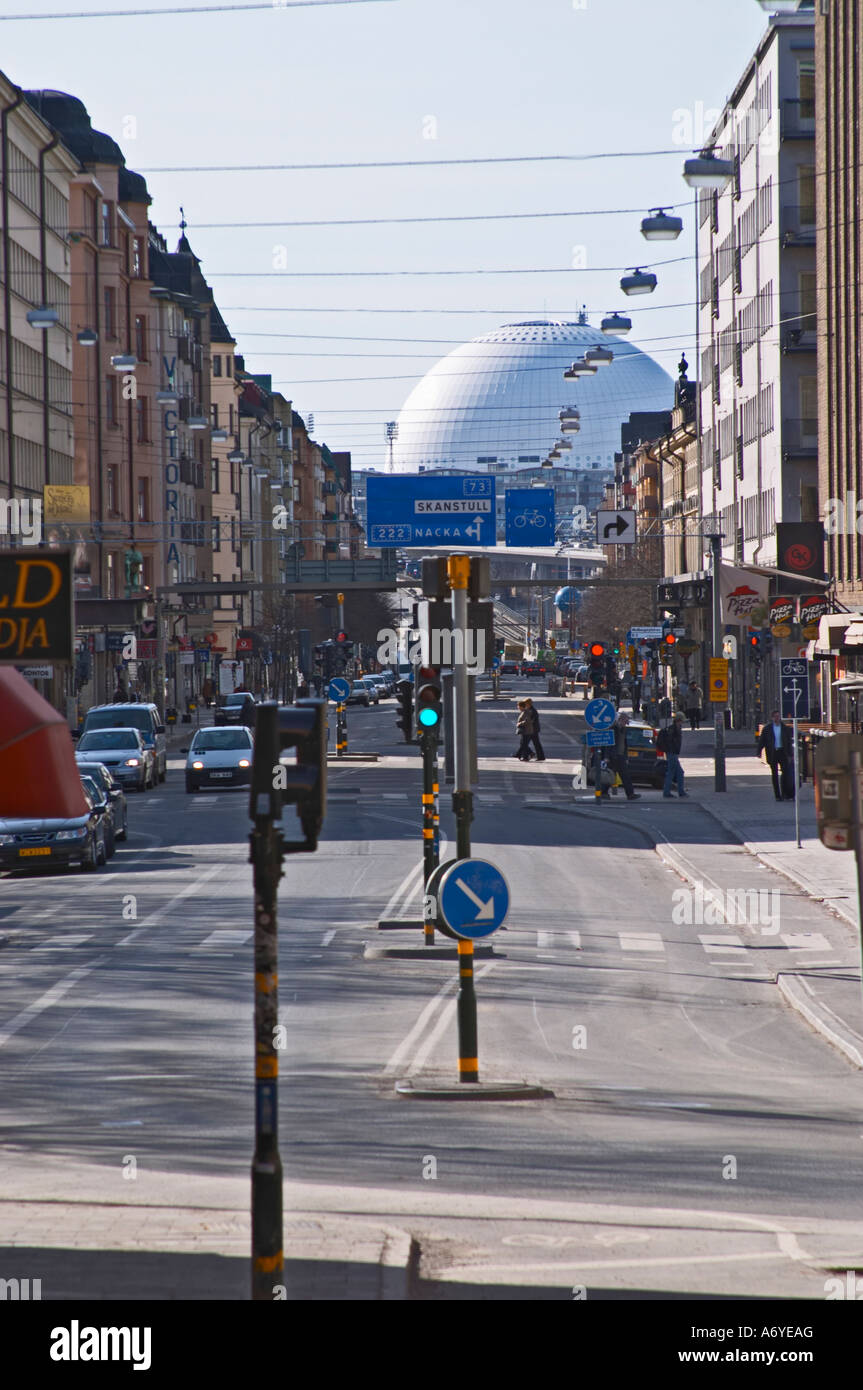 View over Globen spherical stadium over the Gotgatan main street on Sodermalm. Stockholm. Sweden, Europe. Stock Photo